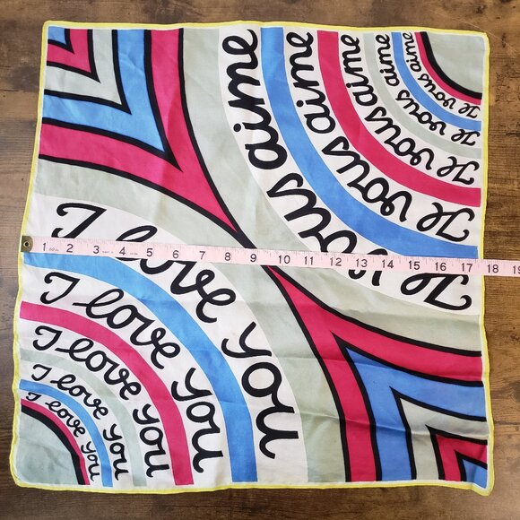 I Love You/Je Vous Aime Vintage French Silk Scarf Pink Blue White Yellow - Picture 5 of 9